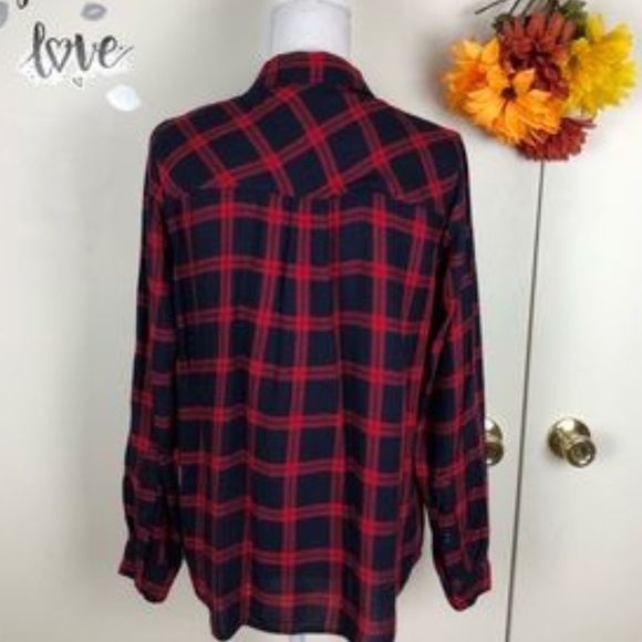 Romeo & Juliet Couture Plaid Buttoned Shirt Red and Navy Blue - Picture 2 of 6